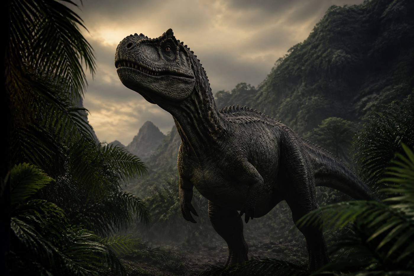 A living dinosaur in dusk jungle, Giant Beast Island survival game cover still